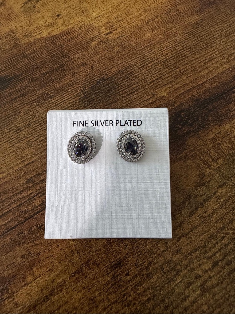 Fine Silver-Plated Oval Crystal Halo Stud Earrings - Dark Gray